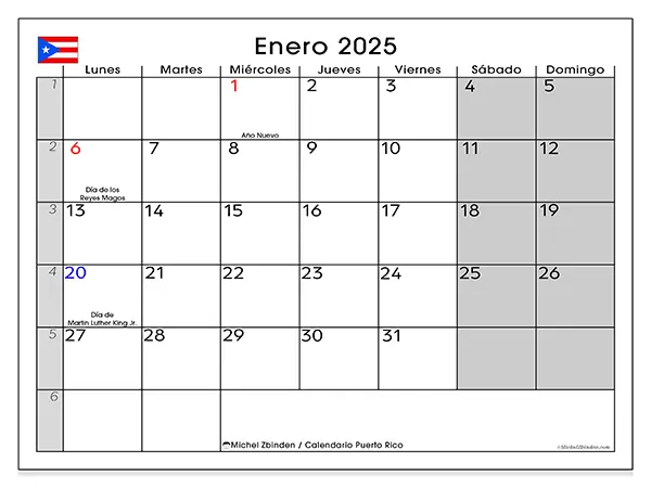 Calendario Puerto Rico para imprimir gratis de enero de 2025. Semana: De lunes a domingo.