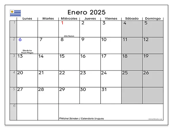Calendario para imprimir gratis de Uruguay para enero de 2025. Semana : De lunes a domingo.