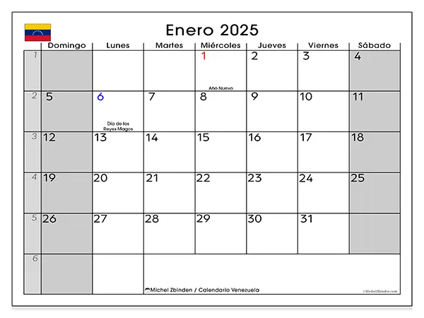 Calendario de Venezuela para imprimir gratis, enero 2025. Semana:  De domingo a sábado