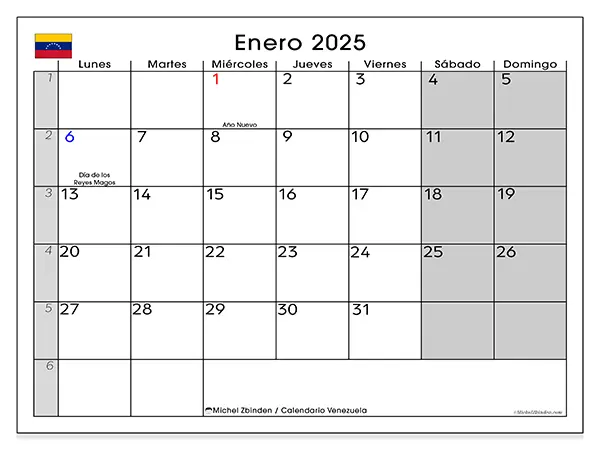 Calendario Venezuela para imprimir gratis de enero de 2025. Semana: De lunes a domingo.