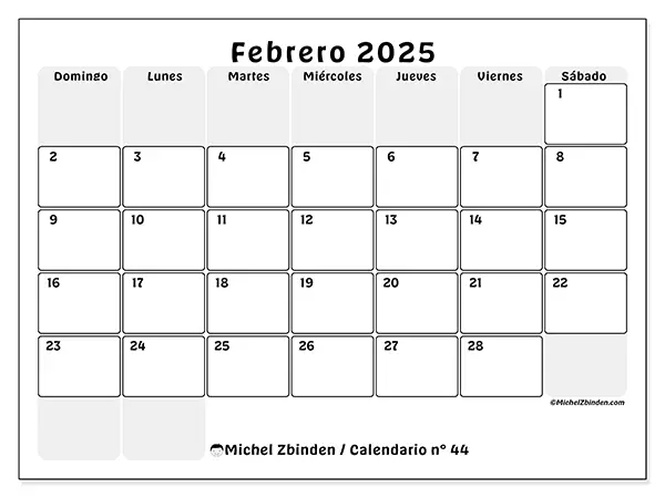 Calendario n.° 44 para febrero de 2025 para imprimir gratis. Semana: De domingo a sábado.