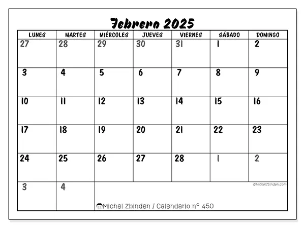 Calendario n.° 450 para febrero de 2025 para imprimir gratis. Semana: De lunes a domingo.