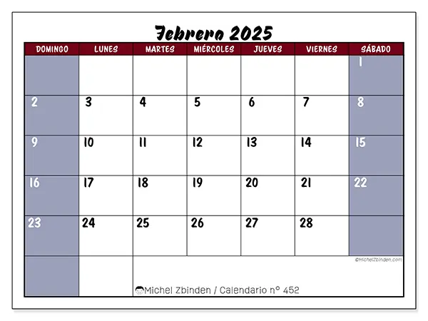 Calendario n.° 452 para febrero de 2025 para imprimir gratis. Semana: De domingo a sábado.