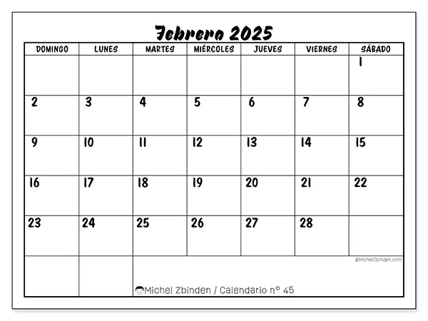 Calendario para imprimir gratis n° 45 para febrero de 2025. Semana: De domingo a sábado.