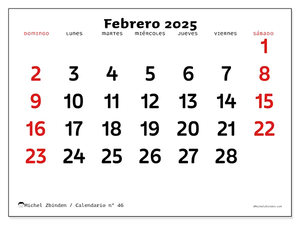 Calendario n.° 46 para febrero de 2025 para imprimir gratis. Semana: De domingo a sábado.