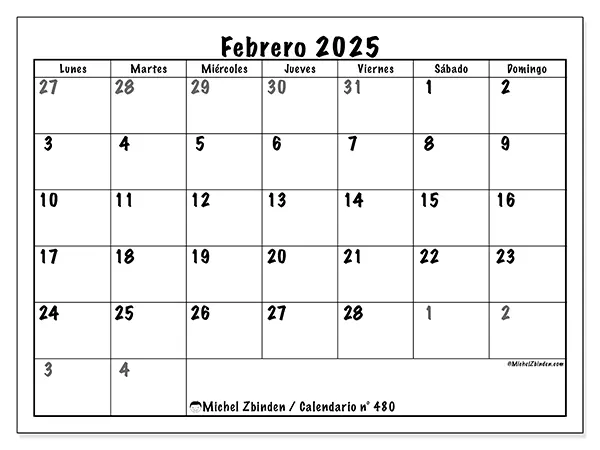 Calendario n.° 480 para febrero de 2025 para imprimir gratis. Semana: De lunes a domingo.
