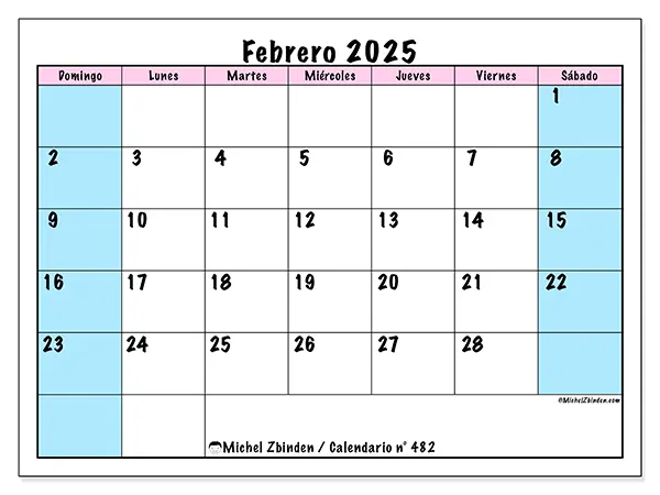Calendario para imprimir gratis n° 482 para febrero de 2025. Semana: De domingo a sábado.