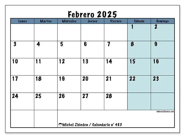Calendario n.° 483 para febrero de 2025 para imprimir gratis. Semana: De lunes a domingo.
