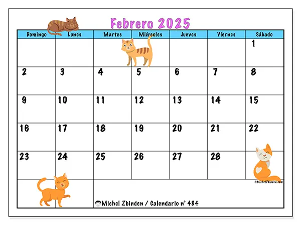 Calendario n.° 484 para febrero de 2025 para imprimir gratis. Semana: De domingo a sábado.