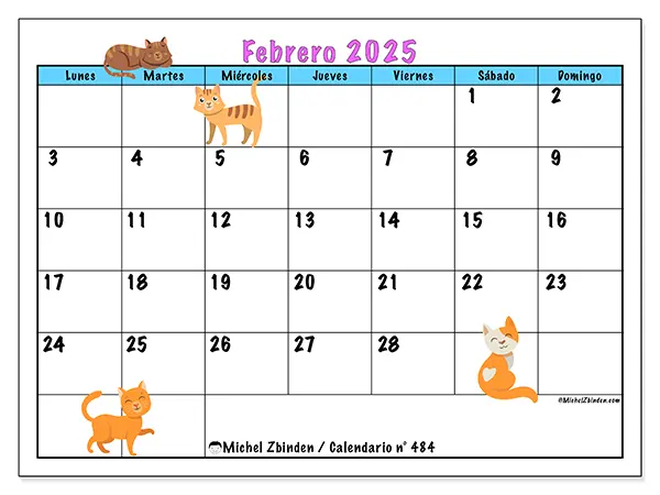 Calendario n.° 484 para imprimir gratis, febrero 2025. Semana:  De lunes a domingo