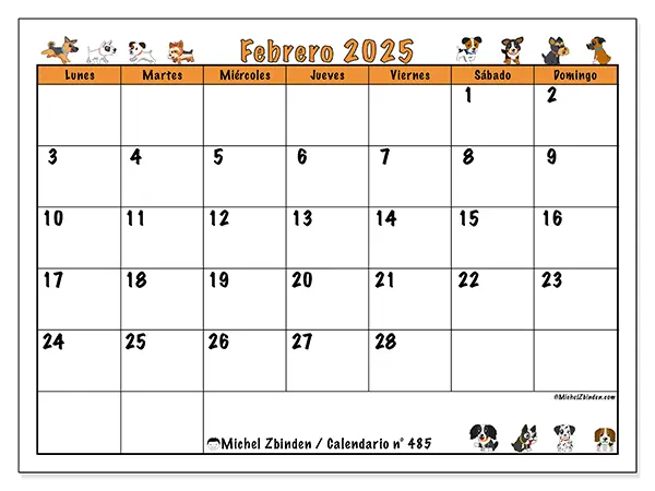 Calendario n.° 485 para imprimir gratis, febrero 2025. Semana:  De lunes a domingo