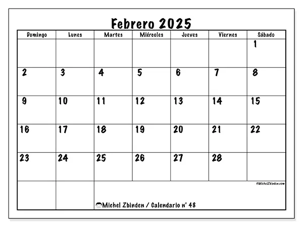 Calendario n.° 48 para febrero de 2025 para imprimir gratis. Semana: De domingo a sábado.