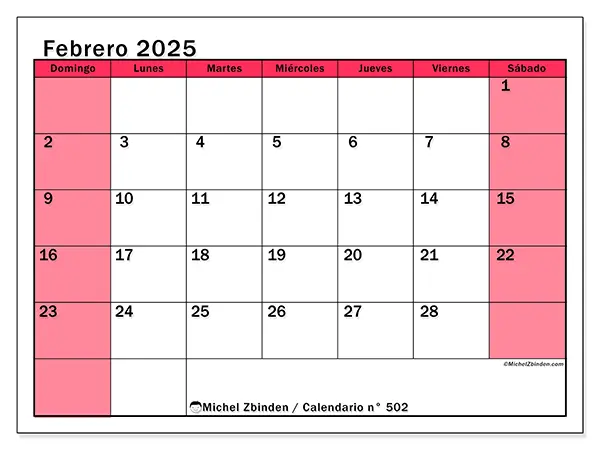 Calendario para imprimir gratis n° 502 para febrero de 2025. Semana: De domingo a sábado.