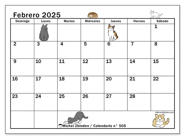 Calendario n.° 505 para febrero de 2025 para imprimir gratis. Semana: De domingo a sábado.