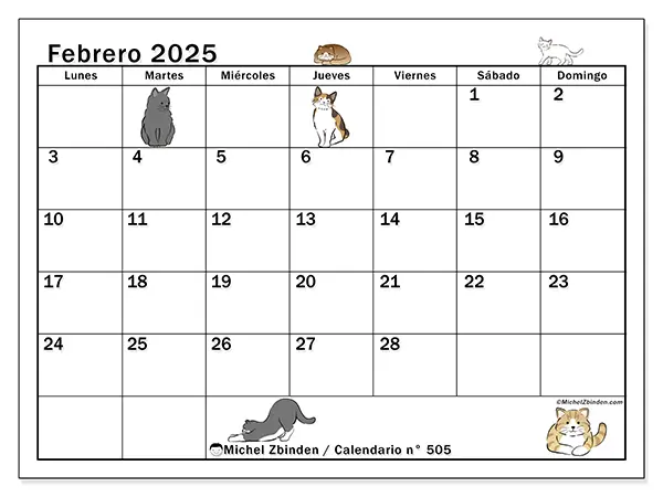 Calendario n.° 505 para imprimir gratis, febrero 2025. Semana:  De lunes a domingo