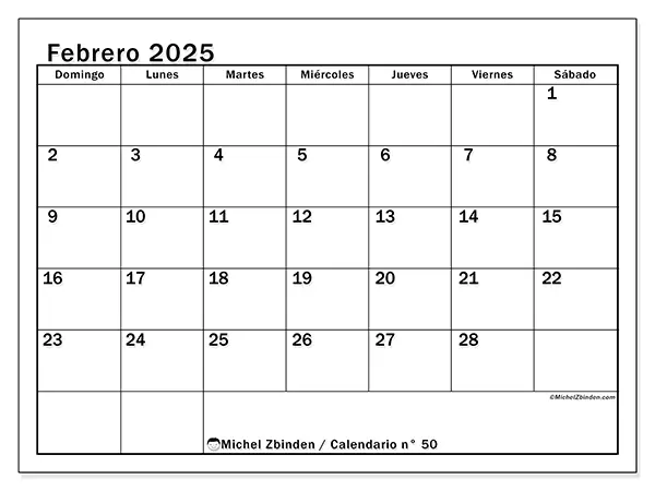 Calendario n.° 50 para febrero de 2025 para imprimir gratis. Semana: De domingo a sábado.