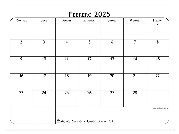 Calendario febrero 2025 51DS
