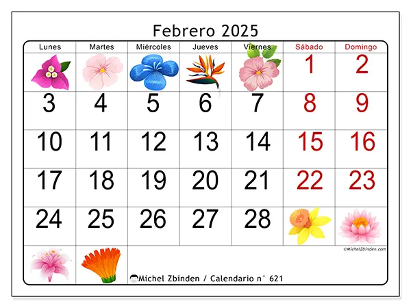 Calendario n.° 621 para febrero de 2025 para imprimir gratis. Semana: De lunes a domingo.
