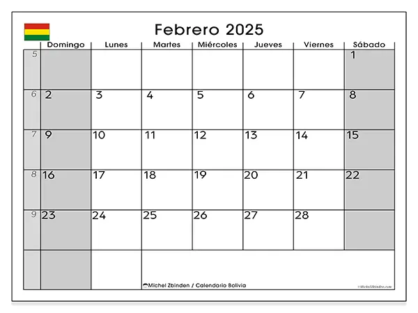 Calendario Bolivia para imprimir gratis de febrero de 2025. Semana: De domingo a sábado.