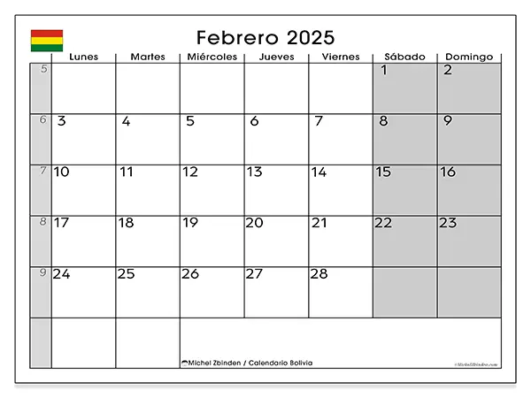 Calendario Bolivia para imprimir gratis de febrero de 2025. Semana: De lunes a domingo.