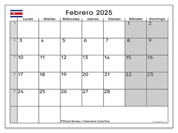 Calendario Costa Rica para imprimir gratis de febrero de 2025. Semana: De lunes a domingo.