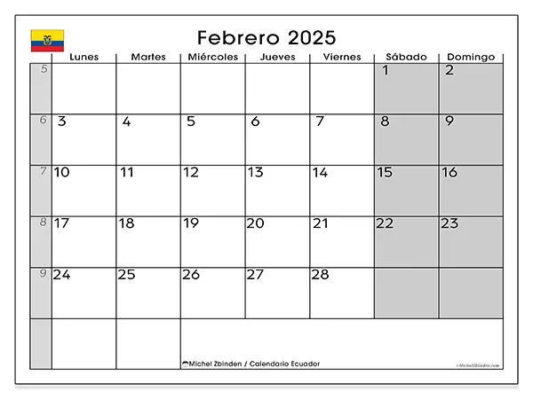 Calendario de Ecuador para imprimir gratis, febrero 2025. Semana:  De lunes a domingo