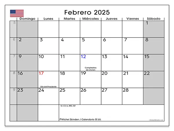 Calendario para imprimir gratis de Estados Unidos para febrero de 2025. Semana : De domingo a sábado.