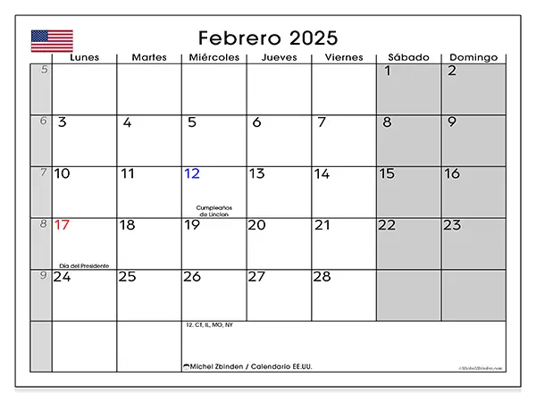Calendario de Estados Unidos para imprimir gratis, febrero 2025. Semana:  De lunes a domingo