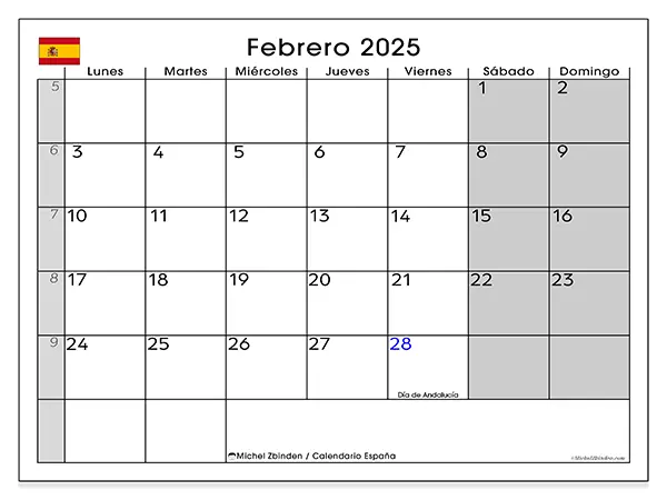 Calendario España para imprimir gratis de febrero de 2025. Semana: De lunes a domingo.