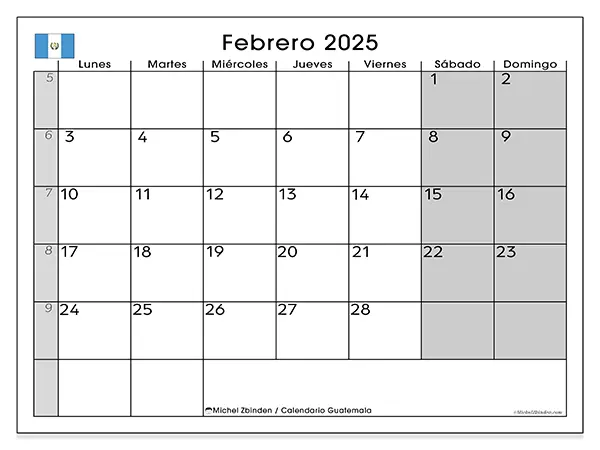 Calendario Guatemala para imprimir gratis de febrero de 2025. Semana: De lunes a domingo.