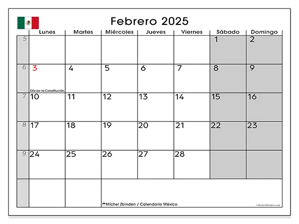 Calendario de México para imprimir gratis, febrero 2025. Semana:  De lunes a domingo