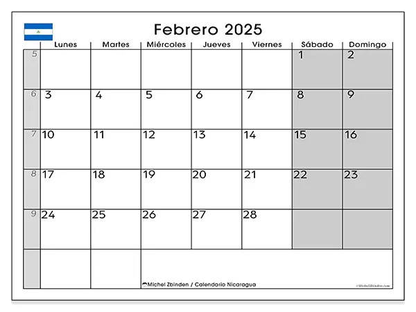 Calendario Nicaragua para imprimir gratis de febrero de 2025. Semana: De lunes a domingo.