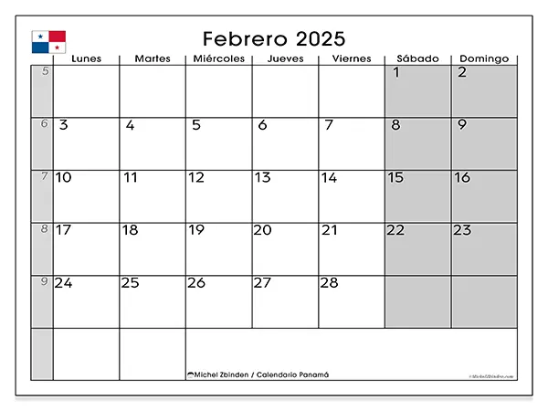 Calendario Panamá para imprimir gratis de febrero de 2025. Semana: De lunes a domingo.
