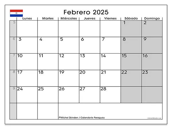 Calendario Paraguay para imprimir gratis de febrero de 2025. Semana: De lunes a domingo.