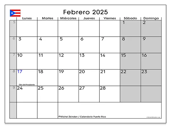 Calendario Puerto Rico para imprimir gratis de febrero de 2025. Semana: De lunes a domingo.
