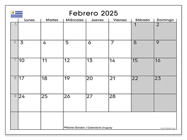 Calendario Uruguay para imprimir gratis de febrero de 2025. Semana: De lunes a domingo.