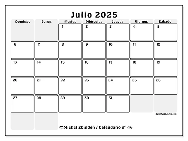 Calendario n.° 44 para imprimir gratis, julio 2025. Semana:  De domingo a sábado
