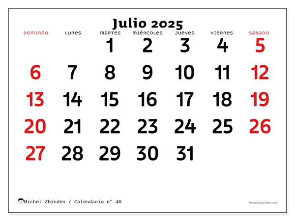 Calendario n.° 46 para imprimir gratis, julio 2025. Semana:  De domingo a sábado