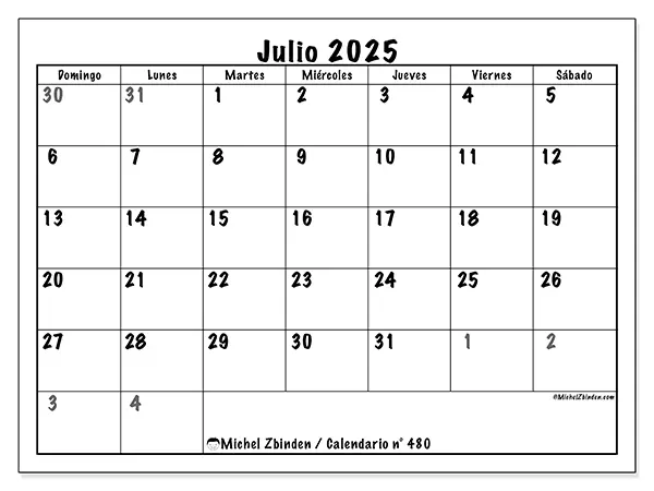 Calendario n.° 480 para imprimir gratis, julio 2025. Semana:  De domingo a sábado