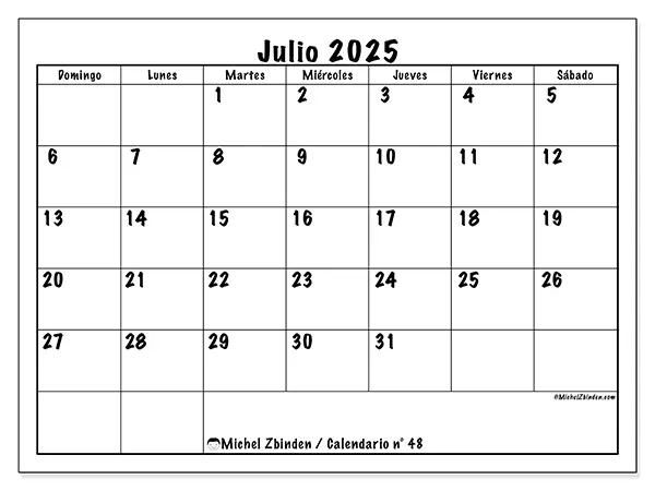 Calendario n° 48 para imprimir gratis, julio 2025. Semana:  De domingo a sábado