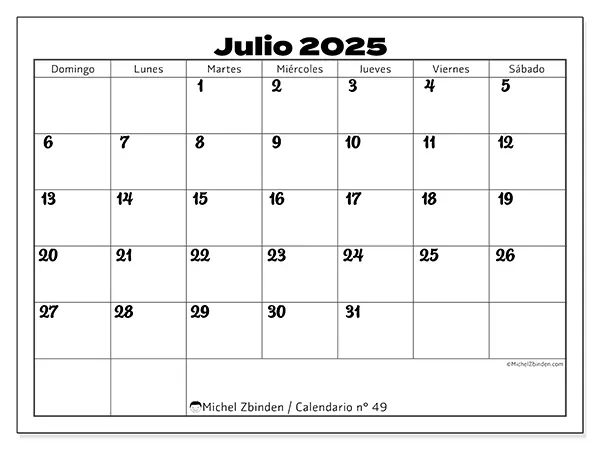 Calendario n.° 49 para imprimir gratis, julio 2025. Semana:  De domingo a sábado