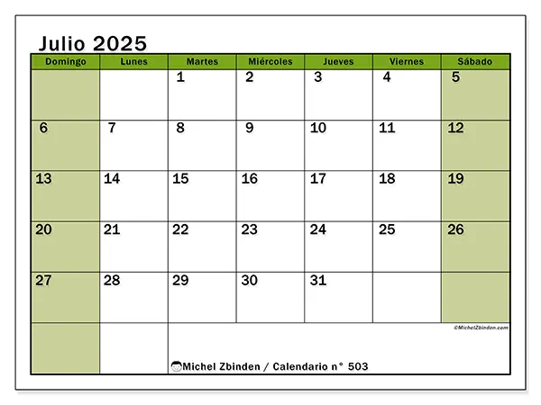 Calendario n.° 503 para imprimir gratis, julio 2025. Semana:  De domingo a sábado