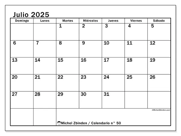 Calendario n° 50 para imprimir gratis, julio 2025. Semana:  De domingo a sábado