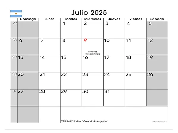 Calendario de Argentina para imprimir gratis, julio 2025. Semana:  De domingo a sábado