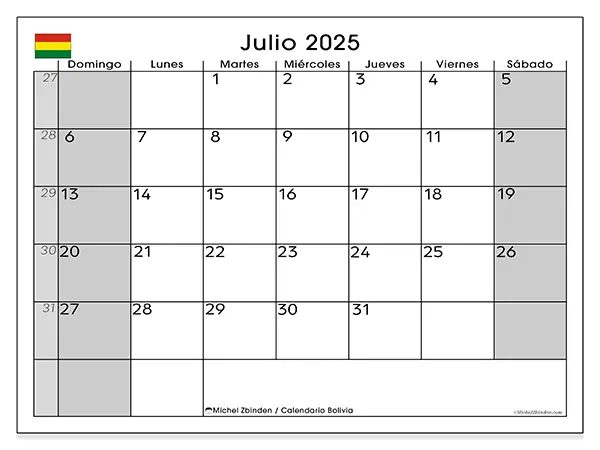 Calendario de Bolivia para imprimir gratis, julio 2025. Semana:  De domingo a sábado