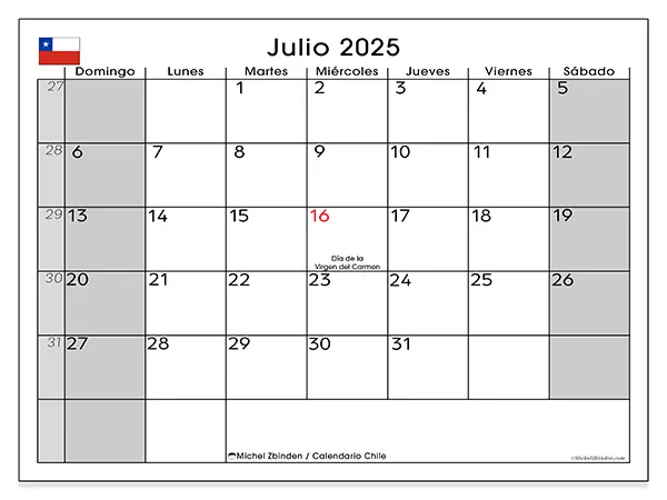 Calendario de Chile para imprimir gratis, julio 2025. Semana:  De domingo a sábado