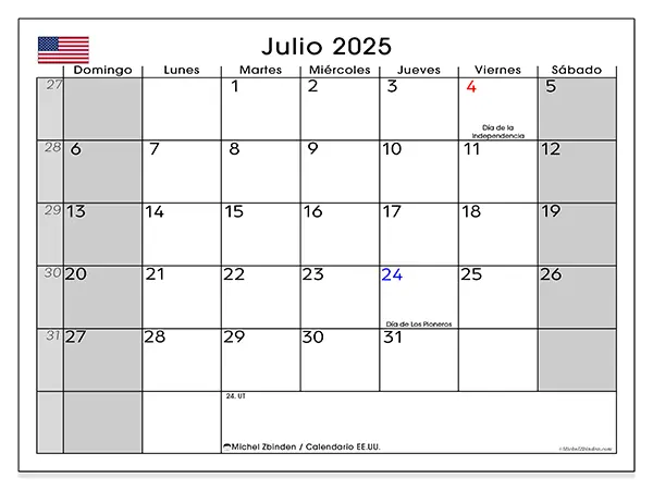 Calendario de Estados Unidos para imprimir gratis, julio 2025. Semana:  De domingo a sábado