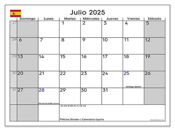 Calendario de España para imprimir gratis, julio 2025. Semana:  De domingo a sábado