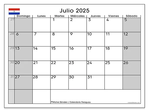 Calendario de Paraguay para imprimir gratis, julio 2025. Semana:  De domingo a sábado