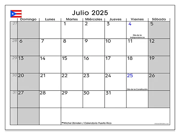 Calendario de Puerto Rico para imprimir gratis, julio 2025. Semana:  De domingo a sábado